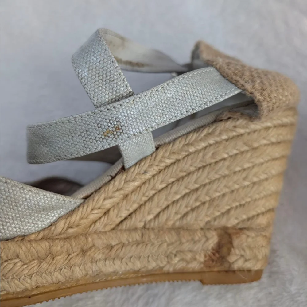 Bettye Muller Silver & Beige Espadrille Wedge Sandals